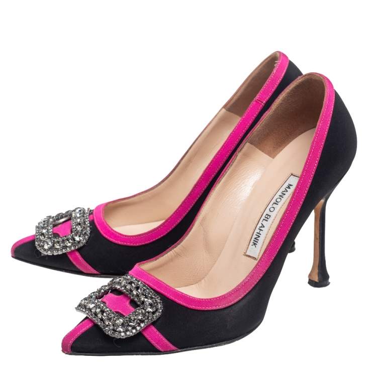 Pre Owned Manolo Blahnik Black/Pink Satin Okkava Crystal Embellished Pumps Size 37