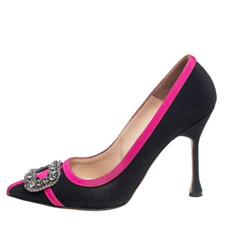 Pre Owned Manolo Blahnik Black/Pink Satin Okkava Crystal Embellished Pumps Size 37