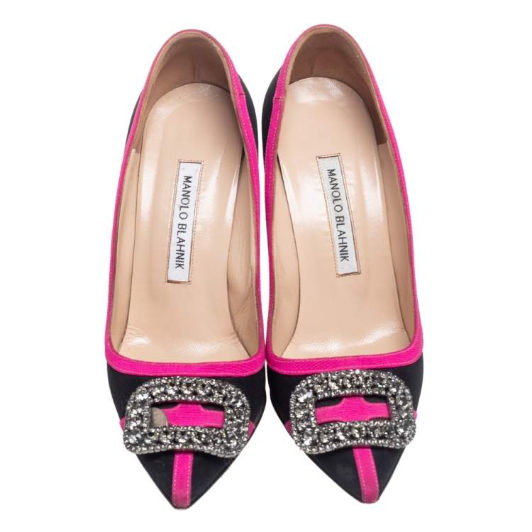 Pre Owned Manolo Blahnik Black/Pink Satin Okkava Crystal Embellished Pumps Size 37