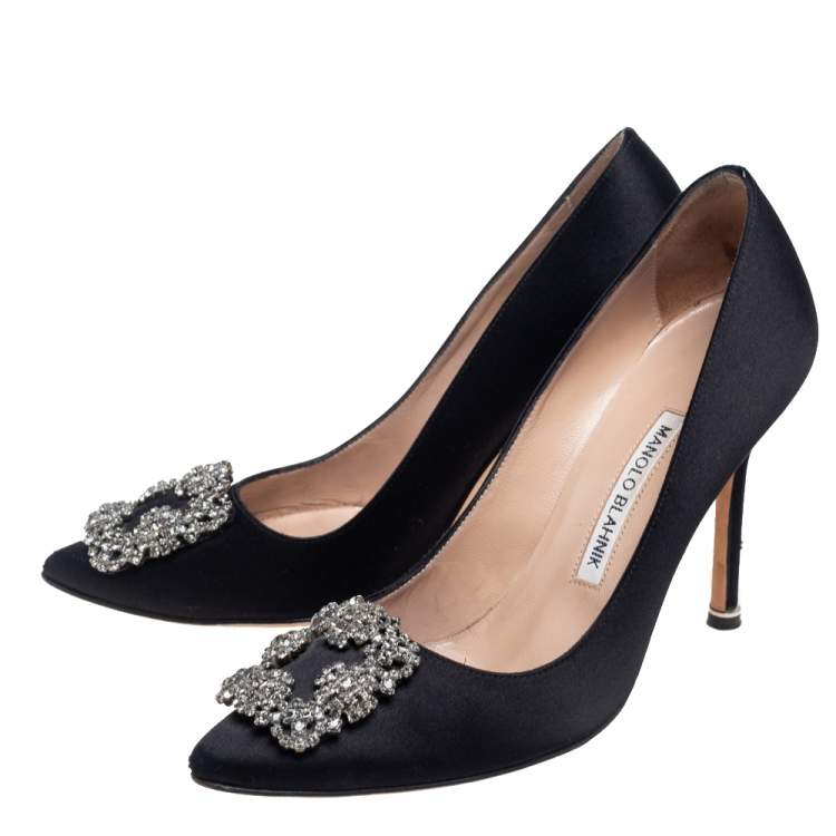 Pre Owned Manolo Blahnik Black Satin Hangisi Embellished Pumps Size 37.5
