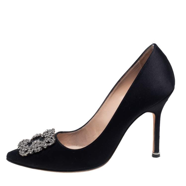 Pre Owned Manolo Blahnik Black Satin Hangisi Embellished Pumps Size 37.5