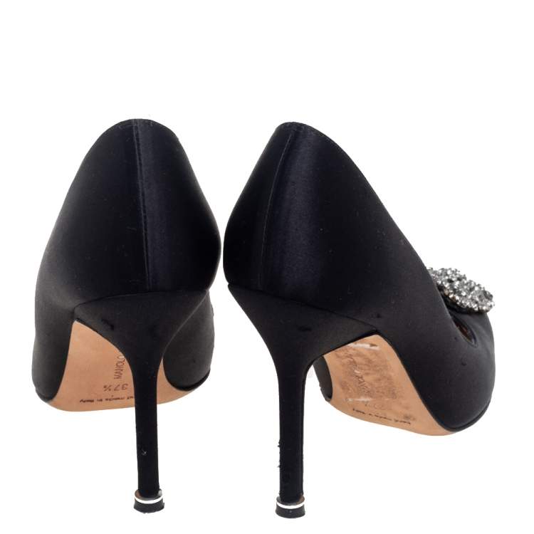 Pre Owned Manolo Blahnik Black Satin Hangisi Embellished Pumps Size 37.5
