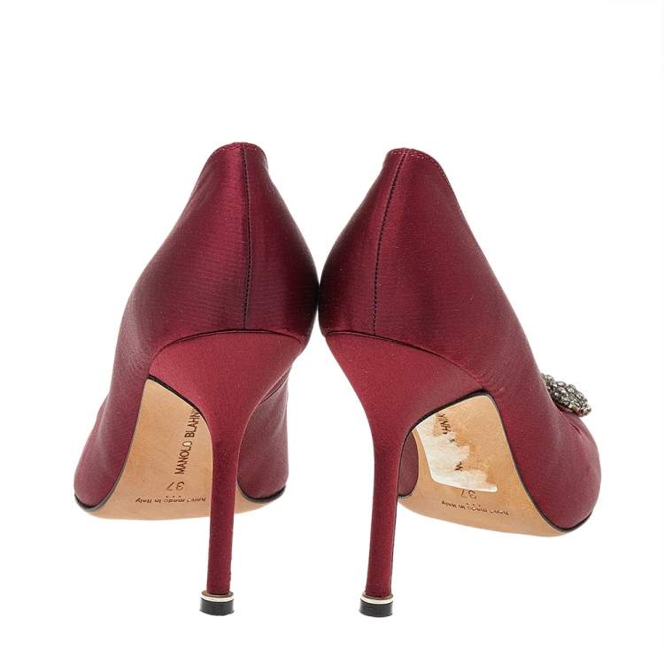 Pre Owned Manolo Blahnik Burgundy Satin Hangisi Pointed Toe Pumps Size 37