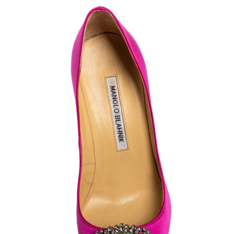 Pre Owned Manolo Blahnik Pink Satin Hangisi Crystal Embellishments Pumps Size 36.5