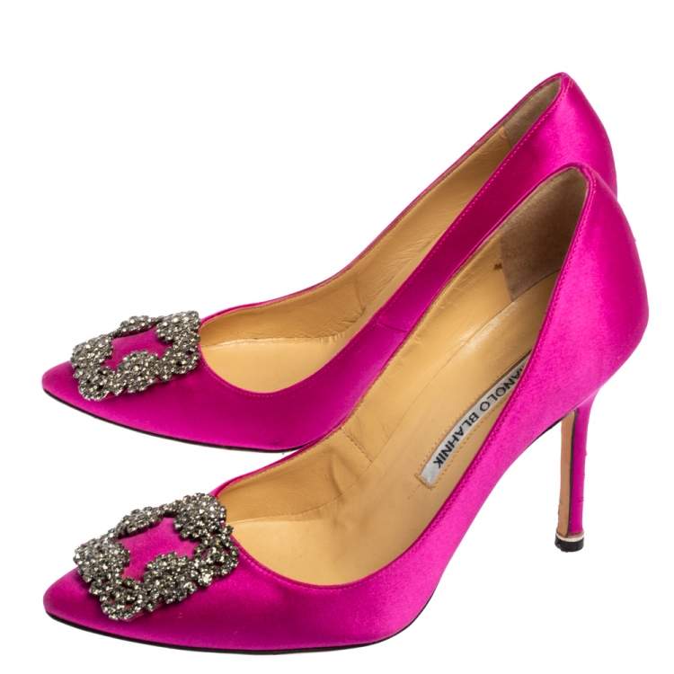 Pre Owned Manolo Blahnik Pink Satin Hangisi Crystal Embellishments Pumps Size 36.5