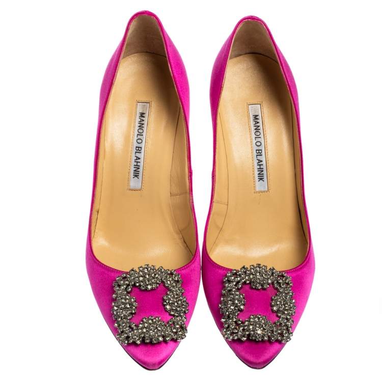Pre Owned Manolo Blahnik Pink Satin Hangisi Crystal Embellishments Pumps Size 36.5