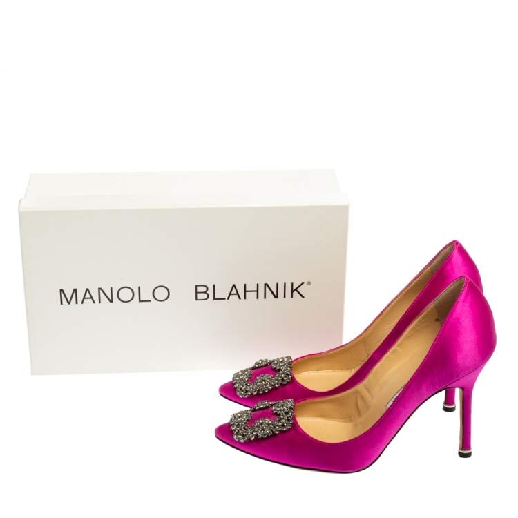 Pre Owned Manolo Blahnik Pink Satin Hangisi Crystal Embellishments Pumps Size 36.5