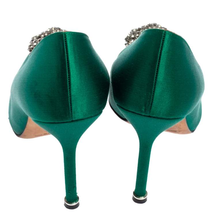 Pre Owned Manolo Blahnik Green Satin Hangisi Pumps Size 37.5