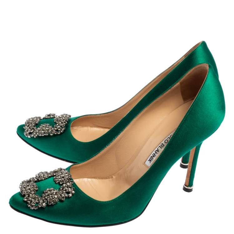 Pre Owned Manolo Blahnik Green Satin Hangisi Pumps Size 37.5