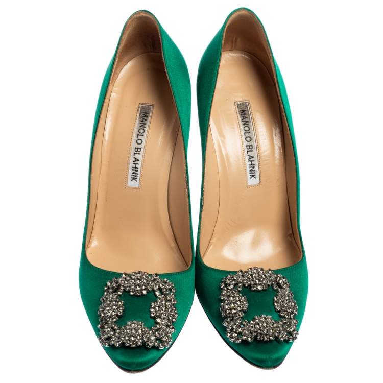 Pre Owned Manolo Blahnik Green Satin Hangisi Pumps Size 37.5