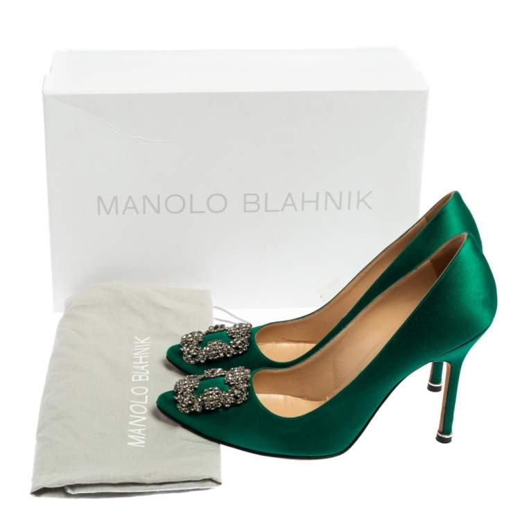 Pre Owned Manolo Blahnik Green Satin Hangisi Pumps Size 37.5