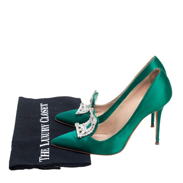 Pre Owned Manolo Blahnik Green Satin Borlak Pumps Size 37