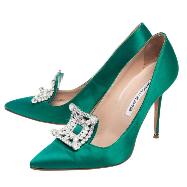 Pre Owned Manolo Blahnik Green Satin Borlak Pumps Size 37