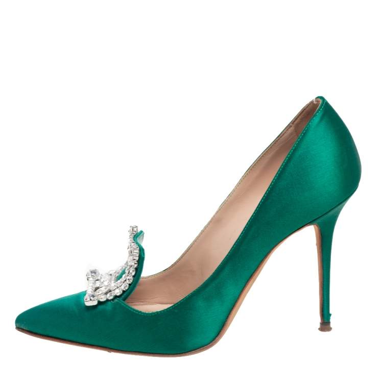 Pre Owned Manolo Blahnik Green Satin Borlak Pumps Size 37