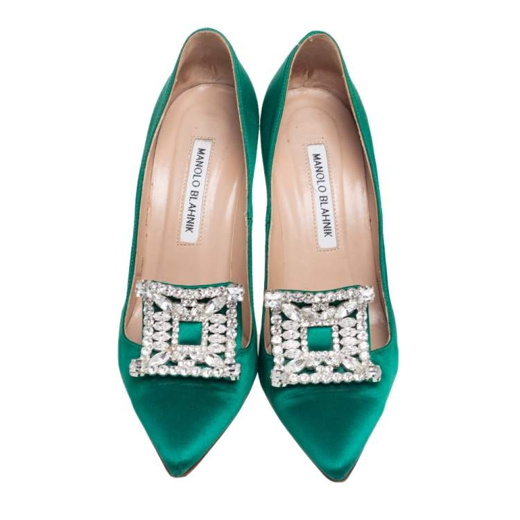 Pre Owned Manolo Blahnik Green Satin Borlak Pumps Size 37