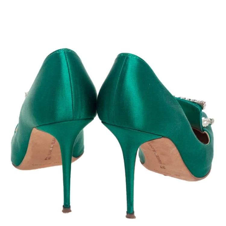 Pre Owned Manolo Blahnik Green Satin Borlak Pumps Size 37