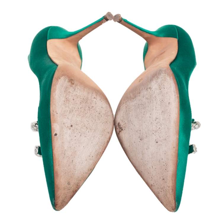 Pre Owned Manolo Blahnik Green Satin Borlak Pumps Size 37