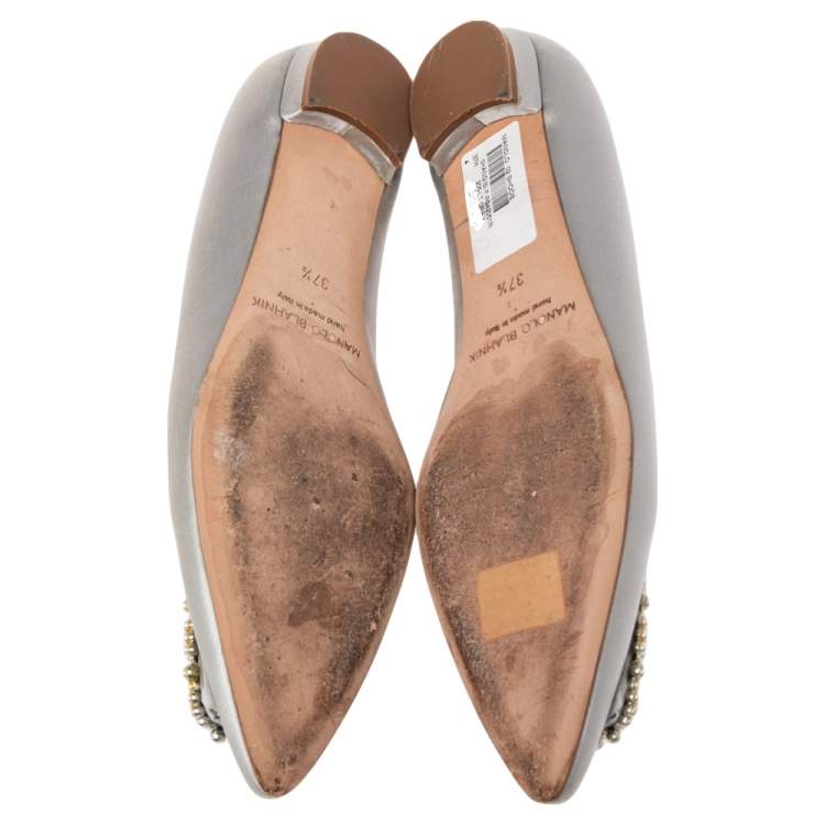 Pre Owned Manolo Blahnik Grey Satin Hangisi Ballet Flats Size 37.5
