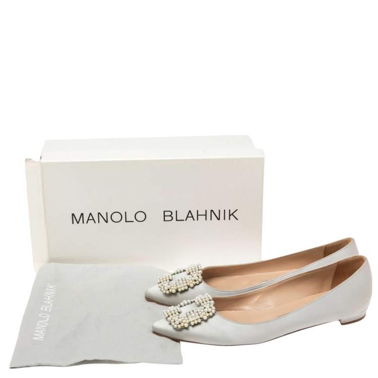 Pre Owned Manolo Blahnik Grey Satin Hangisi Ballet Flats Size 37.5