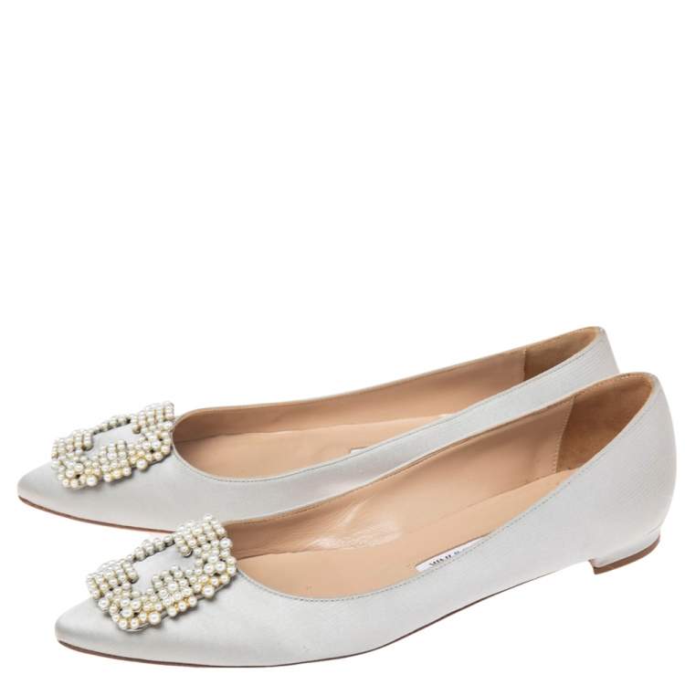 Pre Owned Manolo Blahnik Grey Satin Hangisi Ballet Flats Size 37.5