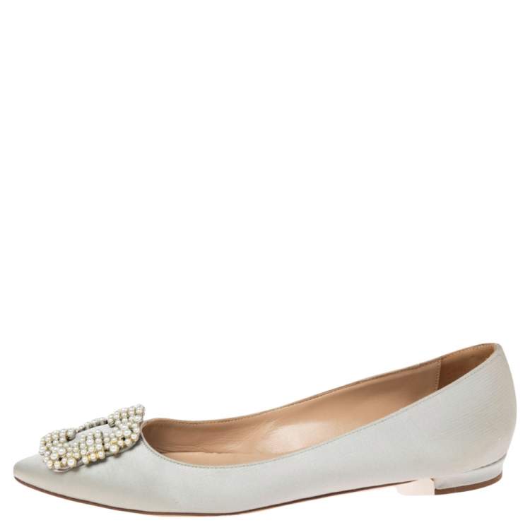Pre Owned Manolo Blahnik Grey Satin Hangisi Ballet Flats Size 37.5