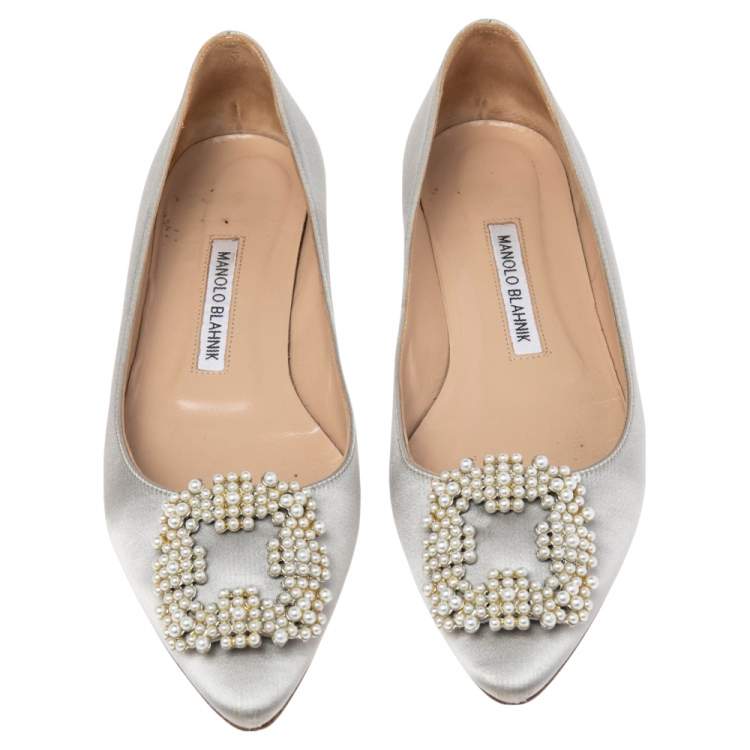 Pre Owned Manolo Blahnik Grey Satin Hangisi Ballet Flats Size 37.5