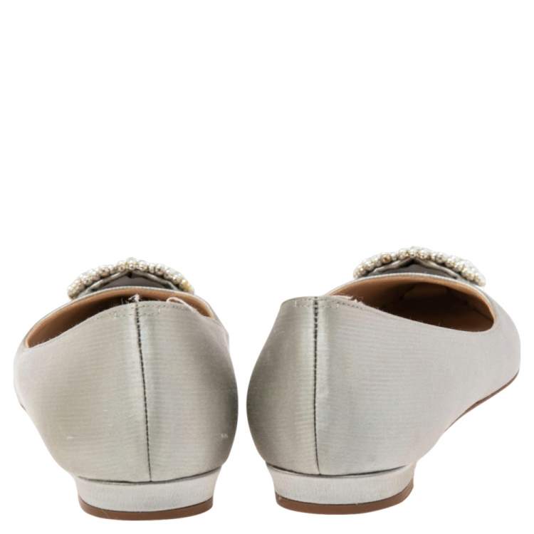 Pre Owned Manolo Blahnik Grey Satin Hangisi Ballet Flats Size 37.5