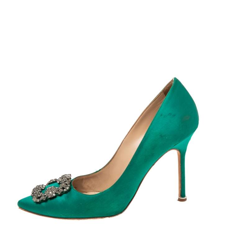Pre Owned Manolo Blahnik Green Satin Hangisi Pumps Size 40