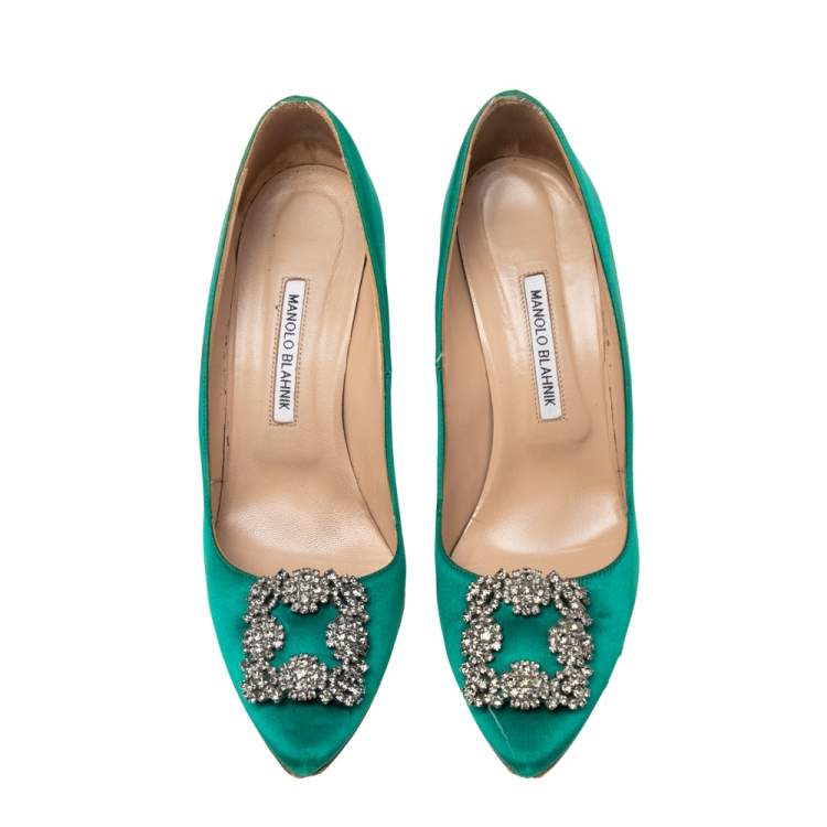 Pre Owned Manolo Blahnik Green Satin Hangisi Pumps Size 40