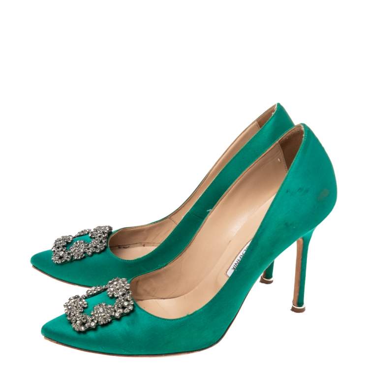 Pre Owned Manolo Blahnik Green Satin Hangisi Pumps Size 40