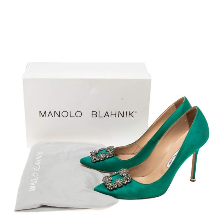 Pre Owned Manolo Blahnik Green Satin Hangisi Pumps Size 40