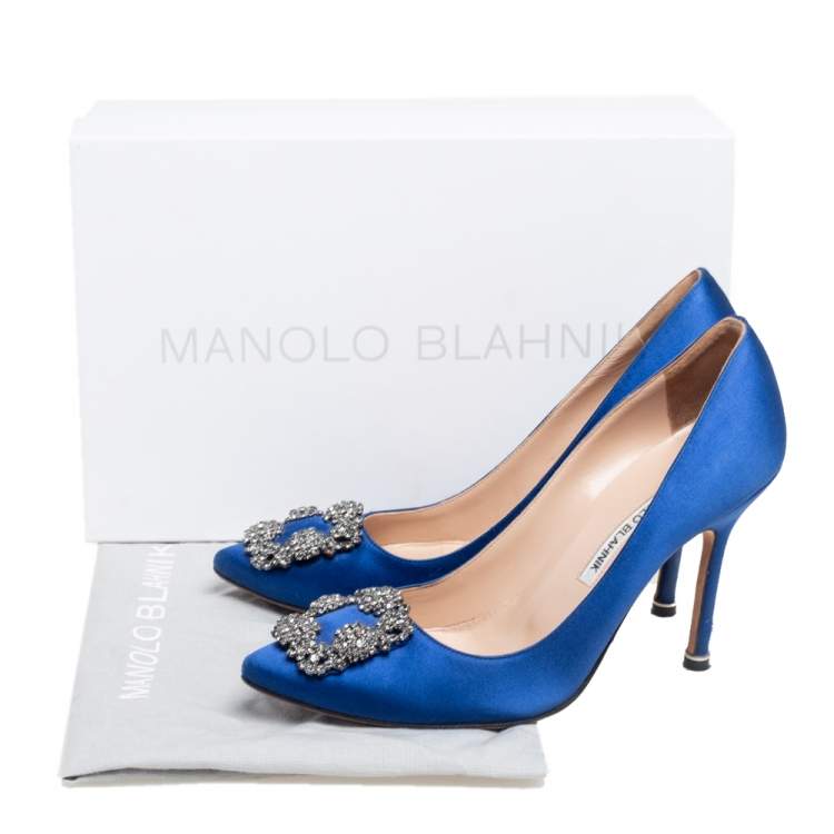 Pre Owned Manolo Blahnik Blue Satin Hangisi Pumps Size 37.5