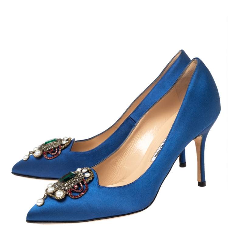 Pre Owned Manolo Blahnik Blue Satin Eufrasia Pointed Toe Pumps Size 36.5