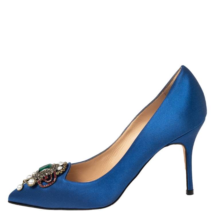 Pre Owned Manolo Blahnik Blue Satin Eufrasia Pointed Toe Pumps Size 36.5