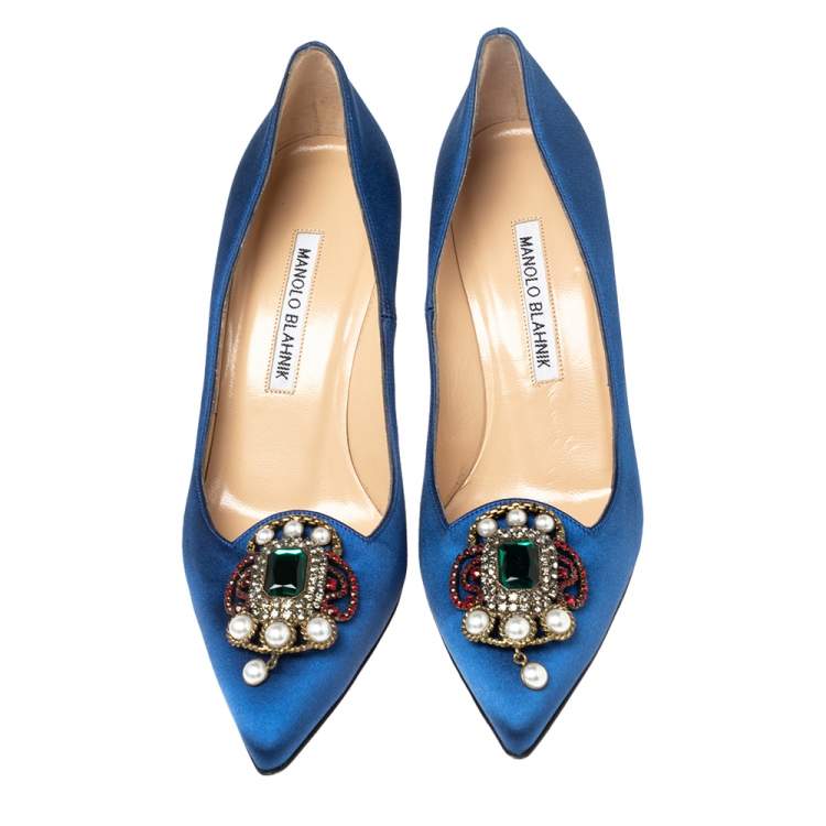 Pre Owned Manolo Blahnik Blue Satin Eufrasia Pointed Toe Pumps Size 36.5
