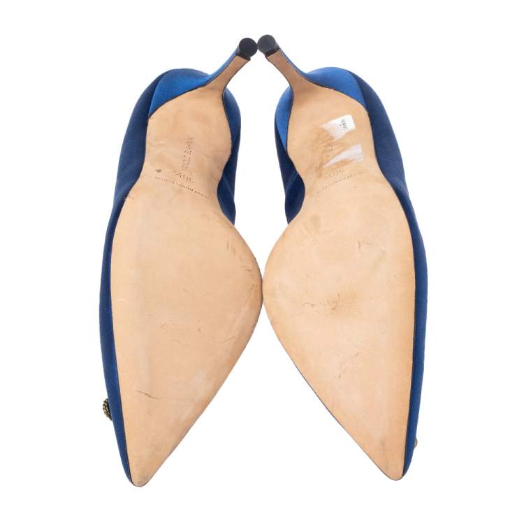 Pre Owned Manolo Blahnik Blue Satin Eufrasia Pointed Toe Pumps Size 36.5