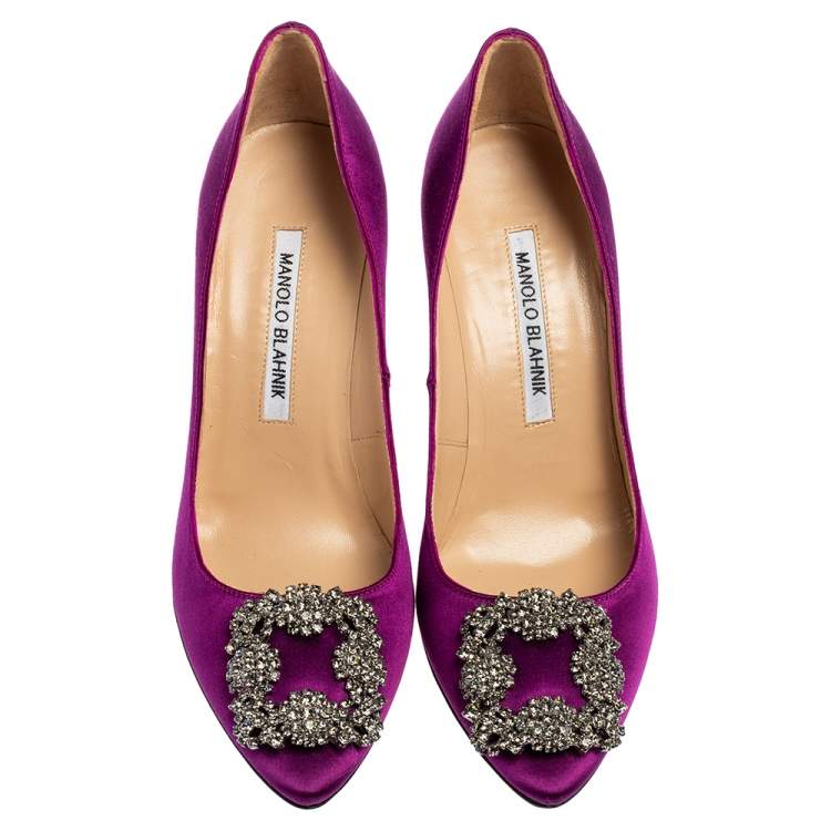 Pre Owned Manolo Blahnik Purple Satin Hangisi Crystal Embellishments Pumps Size 36.5