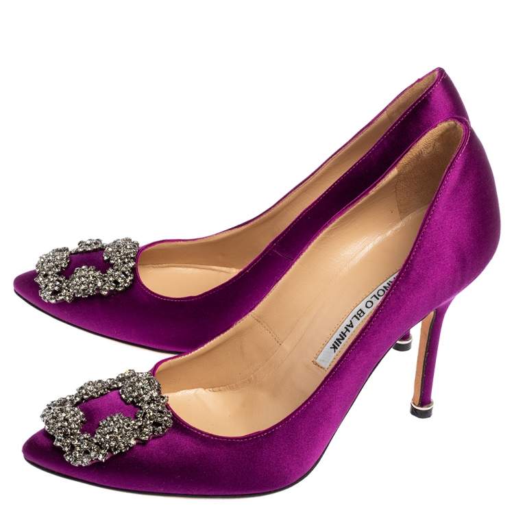 Pre Owned Manolo Blahnik Purple Satin Hangisi Crystal Embellishments Pumps Size 36.5