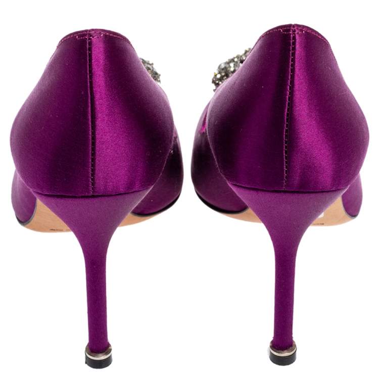 Pre Owned Manolo Blahnik Purple Satin Hangisi Crystal Embellishments Pumps Size 36.5