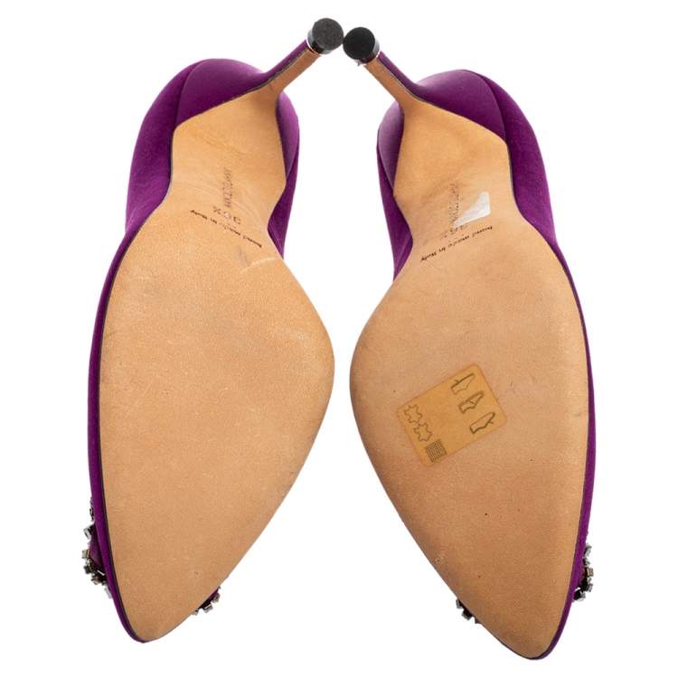 Pre Owned Manolo Blahnik Purple Satin Hangisi Crystal Embellishments Pumps Size 36.5