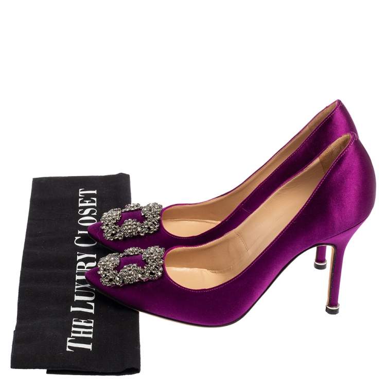 Pre Owned Manolo Blahnik Purple Satin Hangisi Crystal Embellishments Pumps Size 36.5