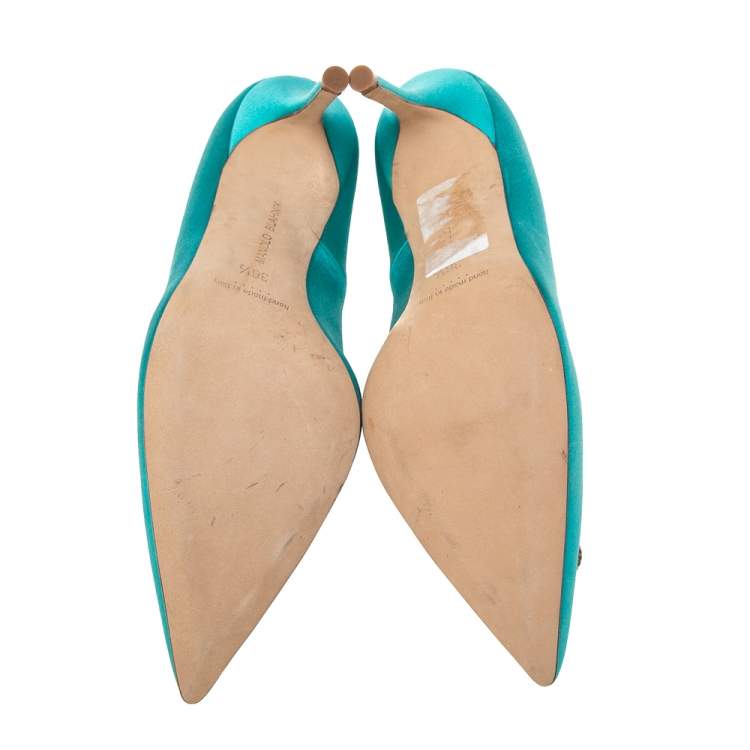 Pre Owned Manolo Blahnik Blue Satin Eufrasia Pointed Toe Pumps Size 36.5