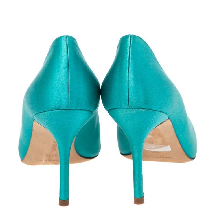Pre Owned Manolo Blahnik Blue Satin Eufrasia Pointed Toe Pumps Size 36.5
