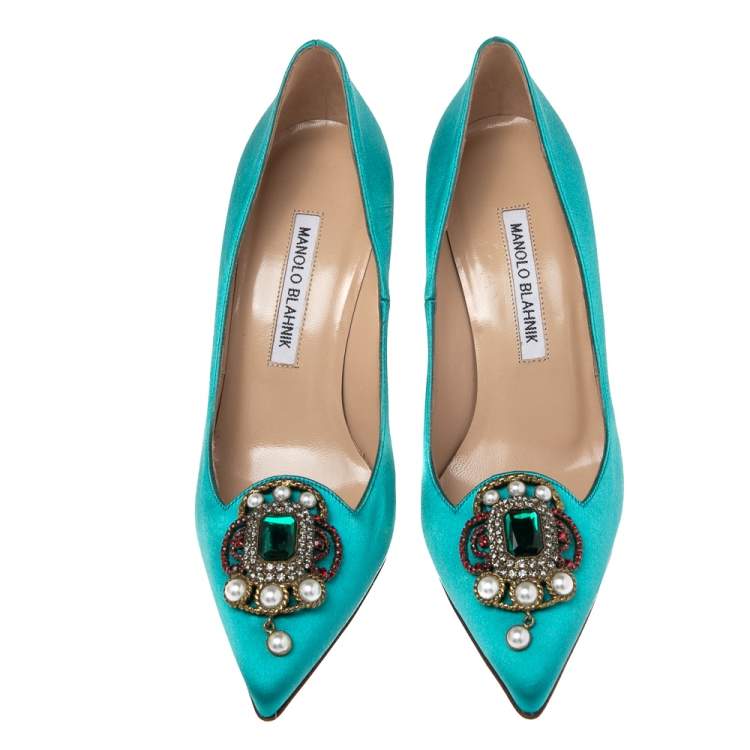 Pre Owned Manolo Blahnik Blue Satin Eufrasia Pointed Toe Pumps Size 36.5
