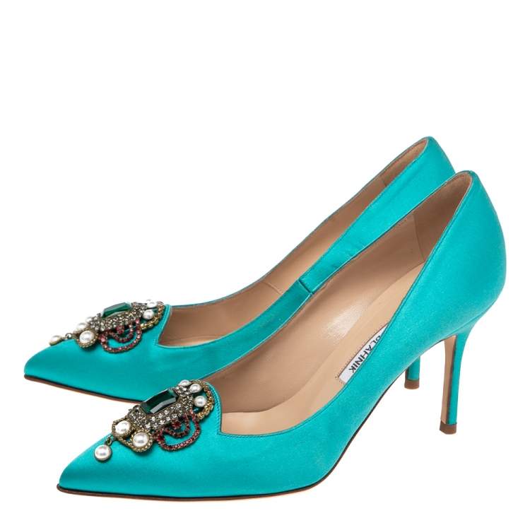 Pre Owned Manolo Blahnik Blue Satin Eufrasia Pointed Toe Pumps Size 36.5