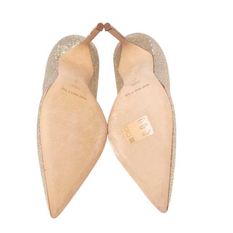 Pre Owned Manolo Blahnik Gold Glitter Pointed Toe Pumps Size 36.5