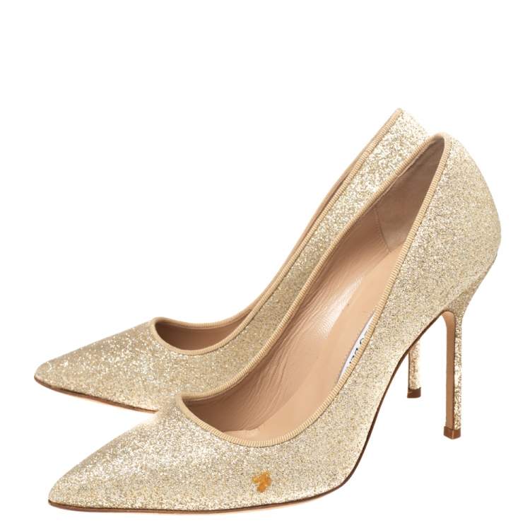 Pre Owned Manolo Blahnik Gold Glitter Pointed Toe Pumps Size 36.5