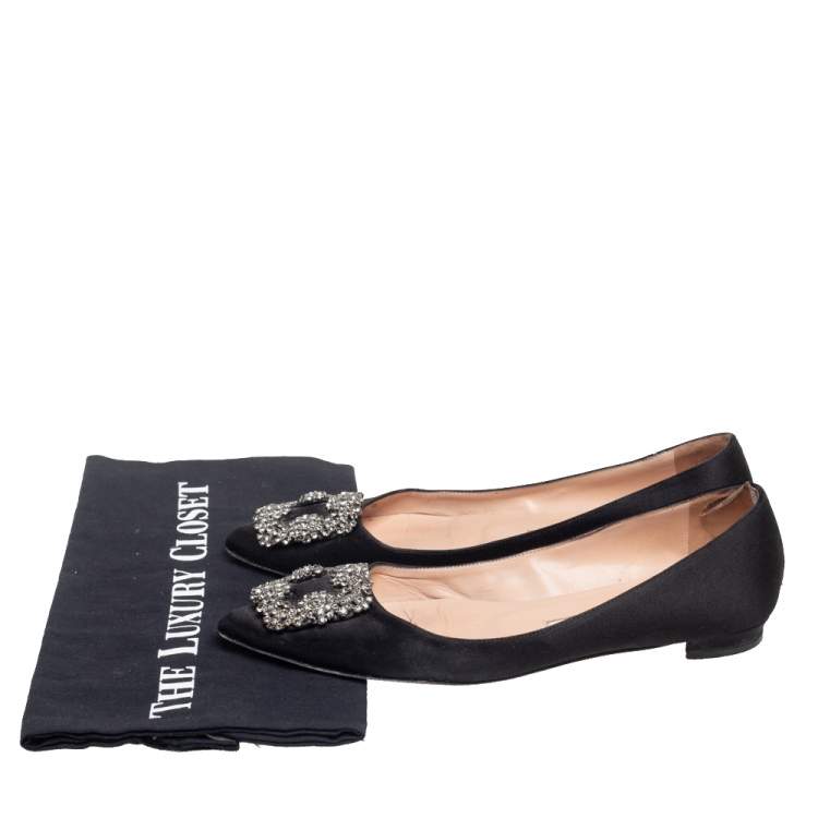 Pre Owned Manolo Blahnik Black Satin Hangisi Flats Size 36.5