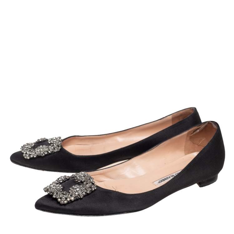 Pre Owned Manolo Blahnik Black Satin Hangisi Flats Size 36.5