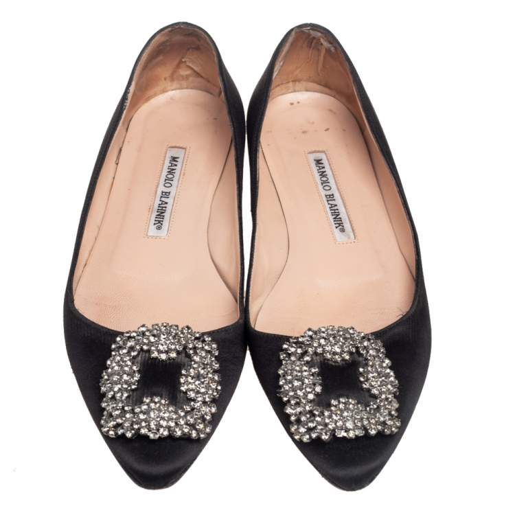 Pre Owned Manolo Blahnik Black Satin Hangisi Flats Size 36.5